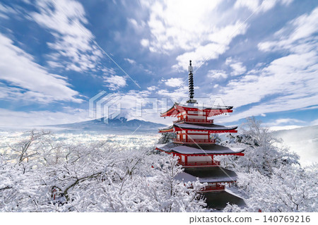 A snowy landscape of Mt. Fuji and the Chureito Pagoda as seen from Arakurayama Sengen Park. A snowy landscape of Mt. Fuji and the Chureito Pagoda as seen from Arakurayama Sengen Park. 140769216