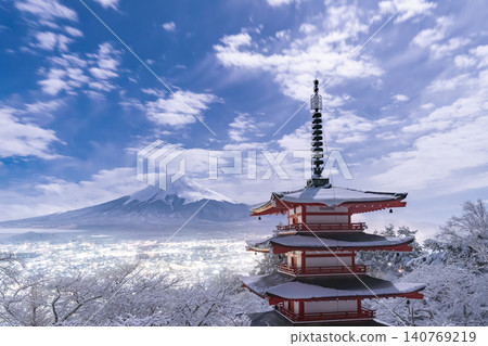 A snowy landscape of Mt. Fuji and the Chureito Pagoda as seen from Arakurayama Sengen Park. A snowy landscape of Mt. Fuji and the Chureito Pagoda as seen from Arakurayama Sengen Park. 140769219