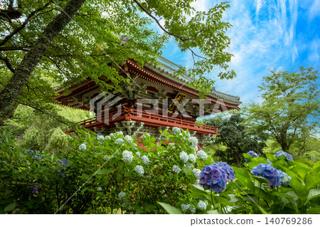 繡球花和寺廟大門的景色。 繡球花和寺廟大門的景色。 140769286