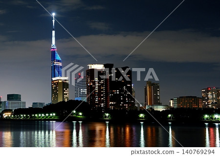 Night view of Fukuoka Tower illuminated at night Night view of Fukuoka Tower illuminated at night 140769294