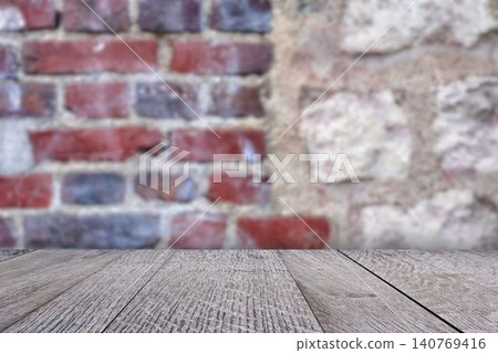 Macro Sensory Texture of Weathered Wooden Surface with Blurred Industrial Brick Background Macro Sensory Texture of Weathered Wooden Surface with Blurred Industrial Brick Background 140769416