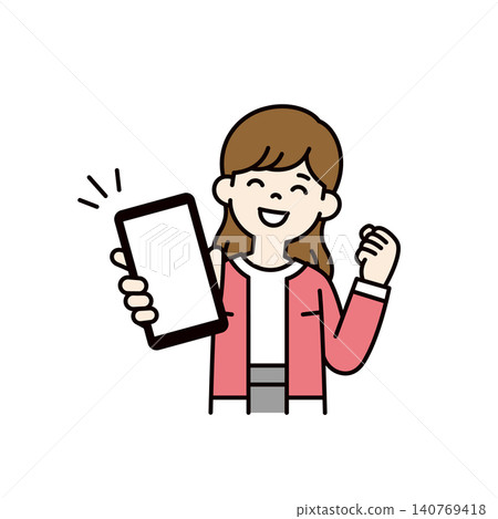 Vector illustration of a woman in her 20s or 30s happily showing off her smartphone screen and making a victory pose. Vector illustration of a woman in her 20s or 30s happily showing off her smartphone screen and making a victory pose. 140769418
