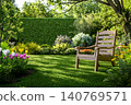 Peaceful backyard garden with a wooden bench and colorful flowers, 3d render 140769571