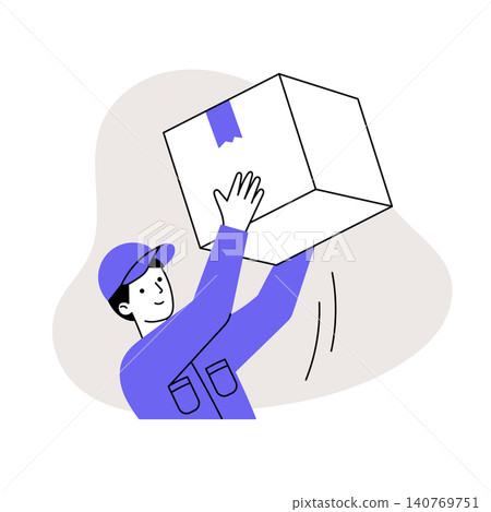 A smiling male worker lifts a cardboard box high into the air. 140769751