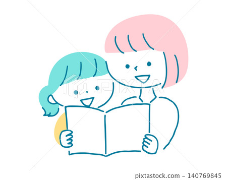 An illustration of a mother and daughter reading a book together. An illustration of a mother and daughter reading a book together. 140769845