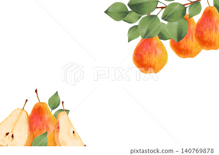 Horizontal frame made of pears. Whole yellow pears and slices with leaves. Watercolor botanical illustration. Hand drawn isolated art. Template for a farmers' market or juice packaging design Horizontal frame made of pears. Whole yellow pears and slices with leaves. Watercolor botanical illustration. Hand drawn isolated art. Template for a farmers' market or juice packaging design 140769878