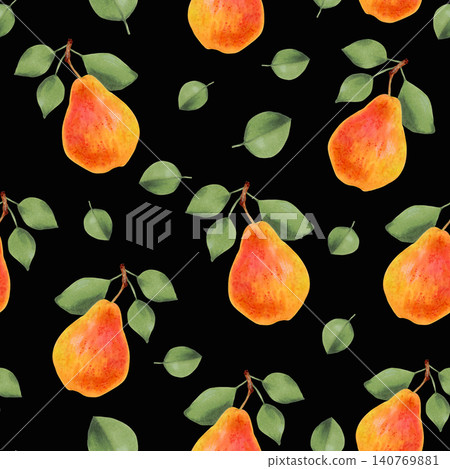 Seamless pattern of pears with leaves. Fruit background. Botanical image of organic healthy products for packaging, fabric and menu design. Watercolor illustration. Hand drawn isolated art Seamless pattern of pears with leaves. Fruit background. Botanical image of organic healthy products for packaging, fabric and menu design. Watercolor illustration. Hand drawn isolated art 140769881