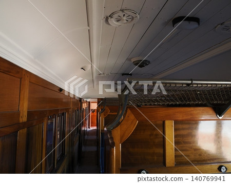 The wooden interior of the Sulfide Street Railroad History Museum—the ceiling decorations speak of the craftsmanship of yesteryear. The wooden interior of the Sulfide Street Railroad History Museum—the ceiling decorations speak of the craftsmanship of yesteryear. 140769941