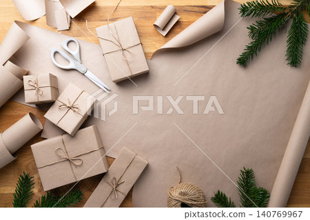 Christmas Gift Wrapping Background Presents Tools Christmas Gift Wrapping Background Presents Tools 140769967
