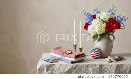 Patriotic floral centerpiece on stone table with patriotic centerpiece celebration ornament arrangement interior independence decorative composition Patriotic floral centerpiece on stone table with patriotic centerpiece celebration ornament arrangement interior independence decorative composition 140770035