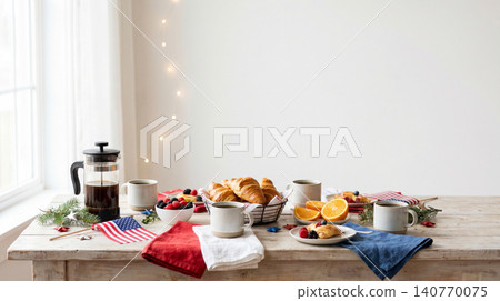 Patriotic coffee and breakfast table setting in cozy indoor room with breakfast patriotic celebration interior croissant lifestyle daylight sunlight relaxing peaceful arrangement tableware Patriotic coffee and breakfast table setting in cozy indoor room with breakfast patriotic celebration interior croissant lifestyle daylight sunlight relaxing peaceful arrangement tableware 140770075