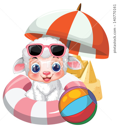 Cute Cartoon Lamb Relaxing on Beach with Summer Vacation Accessories Cute Cartoon Lamb Relaxing on Beach with Summer Vacation Accessories 140770161