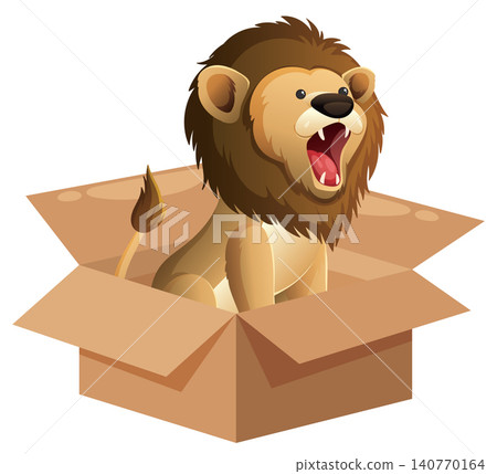 Cartoon Lion Roaring While Sitting Inside an Open Cardboard Box Cartoon Lion Roaring While Sitting Inside an Open Cardboard Box 140770164
