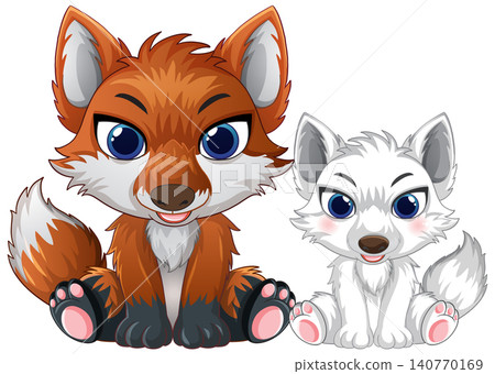 Cute Cartoon Red Fox and White Arctic Fox Sitting Together Cute Cartoon Red Fox and White Arctic Fox Sitting Together 140770169