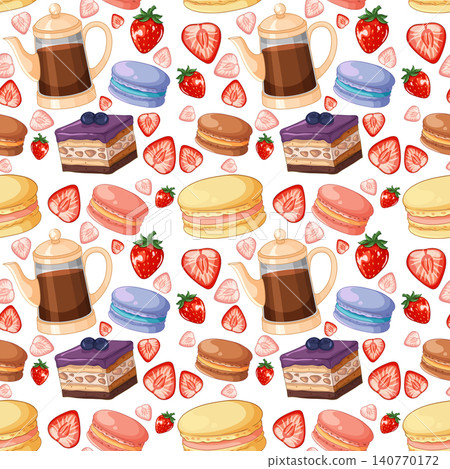 Seamless Vector Pattern with Coffee Pots Macarons and Fresh Strawberries Seamless Vector Pattern with Coffee Pots Macarons and Fresh Strawberries 140770172