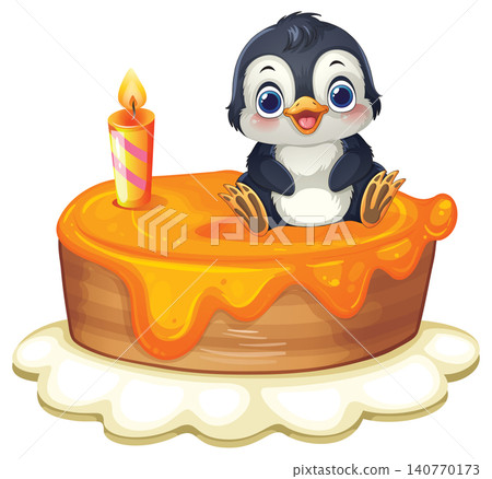 Cute Cartoon Penguin Sitting on a Birthday Cake with Candle Cute Cartoon Penguin Sitting on a Birthday Cake with Candle 140770173