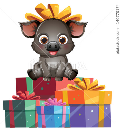 Cute Cartoon Baby Boar Sitting on a Pile of Gift Boxes Cute Cartoon Baby Boar Sitting on a Pile of Gift Boxes 140770174