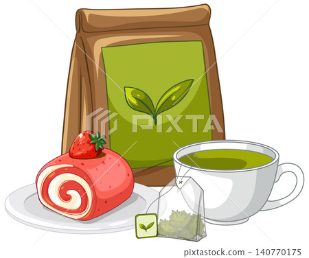 Green Tea Set with Strawberry Swiss Roll and Tea Bag Green Tea Set with Strawberry Swiss Roll and Tea Bag 140770175