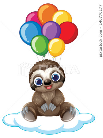 Cute Cartoon Sloth Floating on Cloud with Colorful Balloons 140770177