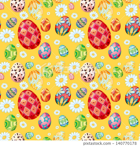 Seamless Pattern of Colorful Decorated Easter Eggs and White Daisies Seamless Pattern of Colorful Decorated Easter Eggs and White Daisies 140770178