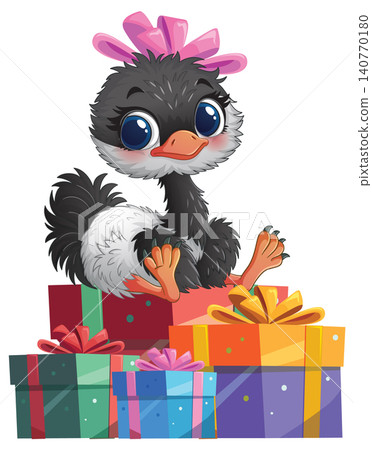 Cute Baby Ostrich Sitting on Colorful Gift Boxes with Pink Bow Cute Baby Ostrich Sitting on Colorful Gift Boxes with Pink Bow 140770180