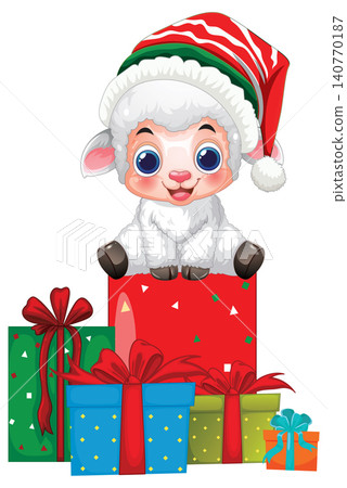Cute Cartoon Lamb Wearing Santa Hat Sitting on Christmas Gift Boxes Cute Cartoon Lamb Wearing Santa Hat Sitting on Christmas Gift Boxes 140770187