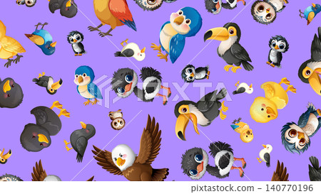 Seamless Vector Pattern of Cute Cartoon Birds on Purple Background Seamless Vector Pattern of Cute Cartoon Birds on Purple Background 140770196