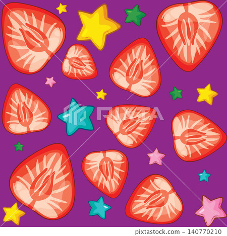 Seamless Vector Pattern of Sliced Strawberries and Colorful Stars on Purple Seamless Vector Pattern of Sliced Strawberries and Colorful Stars on Purple 140770210