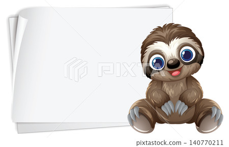Cartoon Sloth Character Sitting Next to Blank White Paper Template Cartoon Sloth Character Sitting Next to Blank White Paper Template 140770211