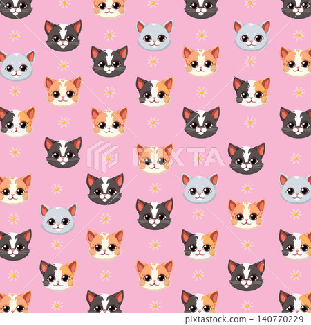Seamless Vector Pattern with Cute Cartoon Cat Faces and Flowers Seamless Vector Pattern with Cute Cartoon Cat Faces and Flowers 140770229