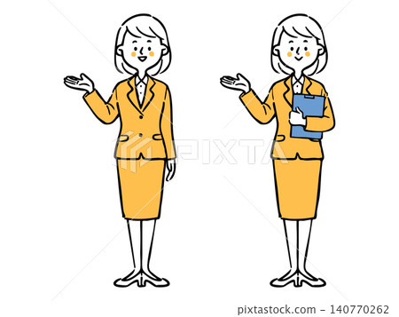 Full-body vector illustration of a female employee in a suit giving directions (orange). Full-body vector illustration of a female employee in a suit giving directions (orange). 140770262