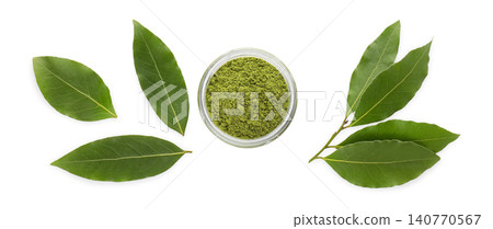 Bay leaves surround green herbal powder in glass jar, PNG Bay leaves surround green herbal powder in glass jar, PNG 140770567