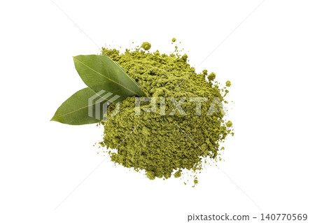 Fresh bay leaves accompany vibrant green powder, highlighting culinary creativity, PNG Fresh bay leaves accompany vibrant green powder, highlighting culinary creativity, PNG 140770569