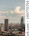 Bathed in warm afternoon light, the city skyline unfolds under a pale sky dominated by a massive, sculpted cumulus cloud. On the right, a sleek, modern skyscraper tapers into a distinctive angled 140770704