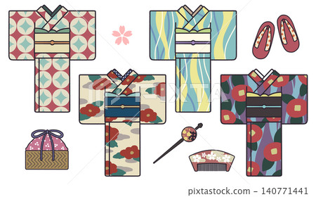 Illustration set of kimono and Japanese accessories Illustration set of kimono and Japanese accessories 140771441