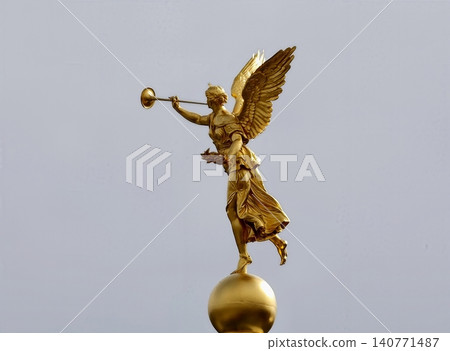 Victory symbol sculpture. Classical angel monument celebrating achievement against light background 140771487