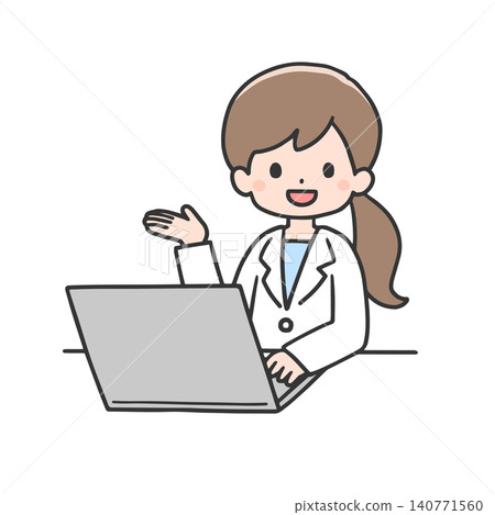 A woman in a white coat giving instructions in front of a computer. 140771560