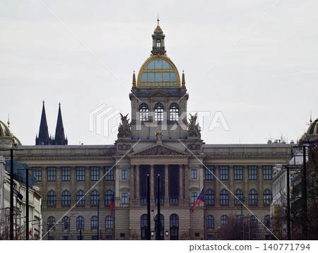 Elegant historic monument. Grand neoclassical museum highlighted by tall columns and ornate facade Elegant historic monument. Grand neoclassical museum highlighted by tall columns and ornate facade 140771794