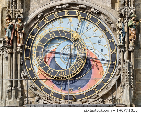 Ancient timepiece detailed design. Medieval astronomical clock reveals heritage craftsmanship Ancient timepiece detailed design. Medieval astronomical clock reveals heritage craftsmanship 140771813
