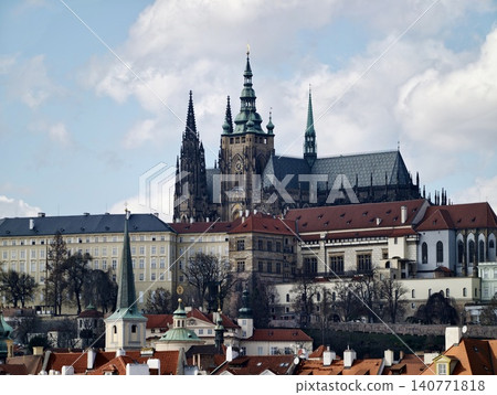 Ancient buildings on skyline. City landscape showcasing historic cathedrals and towering fortresses Ancient buildings on skyline. City landscape showcasing historic cathedrals and towering fortresses 140771818