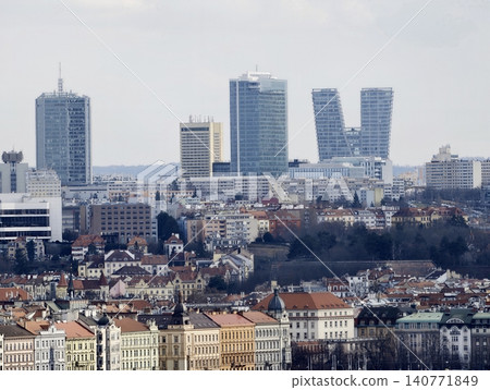 Riverfront city combines old and new architecture under gentle sunlight with bridges connecting eras Riverfront city combines old and new architecture under gentle sunlight with bridges connecting eras 140771849