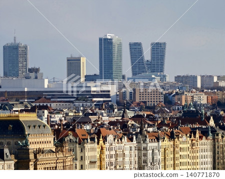 Dynamic Prague city view highlighting reflective high rise buildings and bustling business hubs 140771870