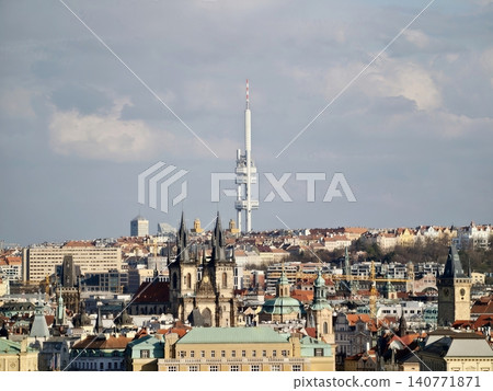 Skyline showcases notable communication tower. Urban horizon features dominant telecom tower 140771871
