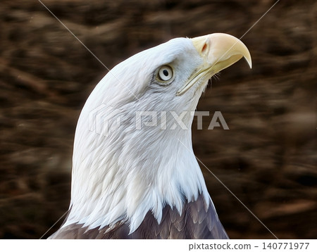Closeup of proud bald eagle face. Sharpfocused image of eagle with regal plumage and alert stance Closeup of proud bald eagle face. Sharpfocused image of eagle with regal plumage and alert stance 140771977