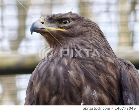 Resilient eagle during recovery. Majestic eagle with textured feathers and intense watchful expression Resilient eagle during recovery. Majestic eagle with textured feathers and intense watchful expression 140772049