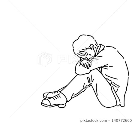 一幅插圖，描繪了一位商人抱著膝蓋哭泣的場景。 140772660