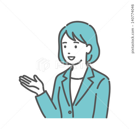 An illustration of a woman in a suit smiling as she gives directions and explanations. An illustration of a woman in a suit smiling as she gives directions and explanations. 140774046