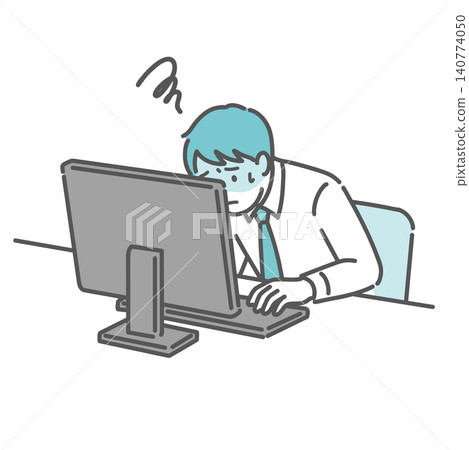 一幅描繪男子在電腦前認真工作的插圖。 一幅描繪男子在電腦前認真工作的插圖。 140774050