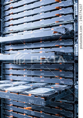 Cluster of hard drives inside open tray Cluster of hard drives inside open tray 140774207