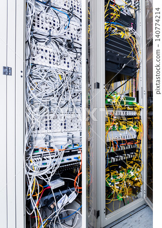 server rack with switch boards and cables server rack with switch boards and cables 140774214